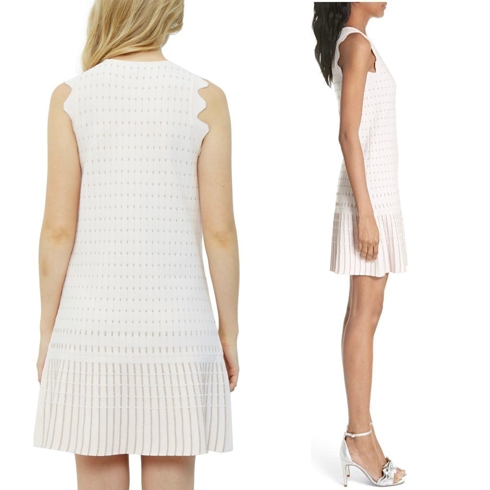NWT TED BAKER‎ Gold Embroidered Knit Sleeveless Ruffle Flip Skirt Shift Dress 12 - Picture 3 of 16